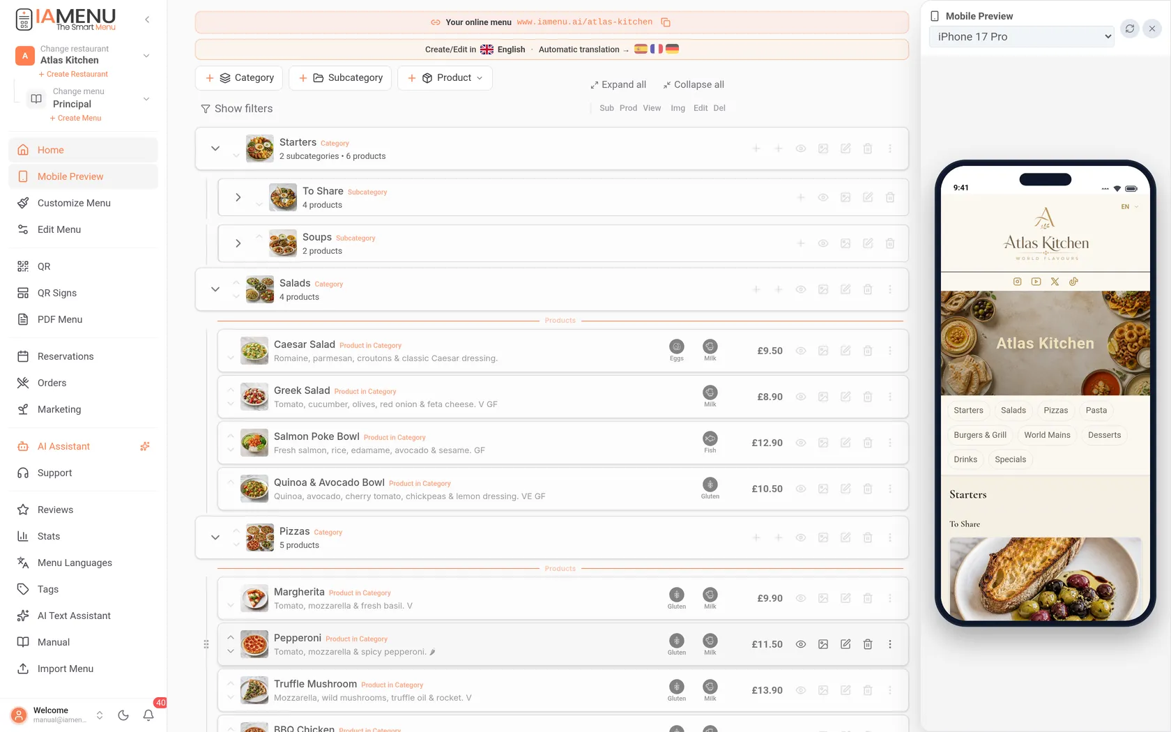 Panel de control de IAMenu: carta digital QR de un restaurante con categorías, subcategorías, productos con alérgenos y precios, y vista previa móvil del menú en tiempo real