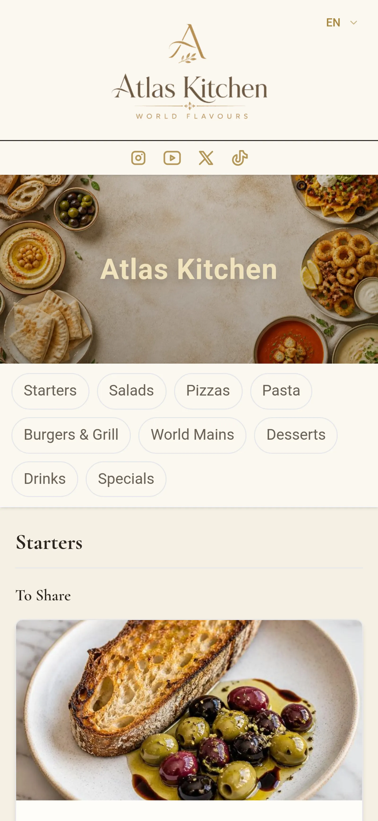 IAMenu's digital menu on the guest's phone: dish photos, allergens and a cart to order from the table
