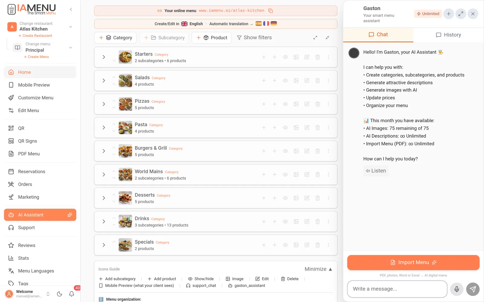 Gaston, the IAMenu AI assistant, generating a dish photo via chat inside the restaurant dashboard