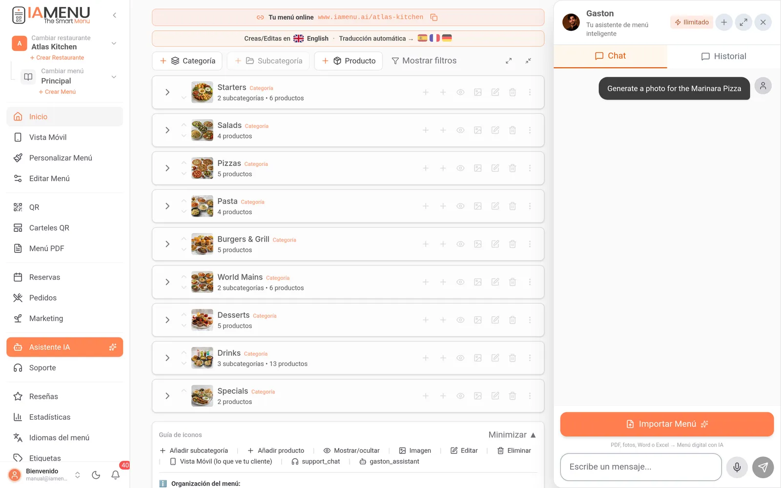 Gaston, el asistente IA de IAMenu, generando una foto de plato por chat dentro del panel del restaurante