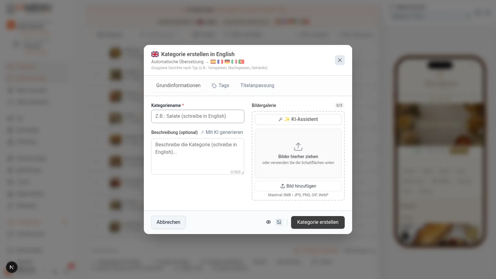Modal zur Erstellung einer Kategorie auf dem Desktop mit Feldern für Name, Beschreibung und Bildabschnitt