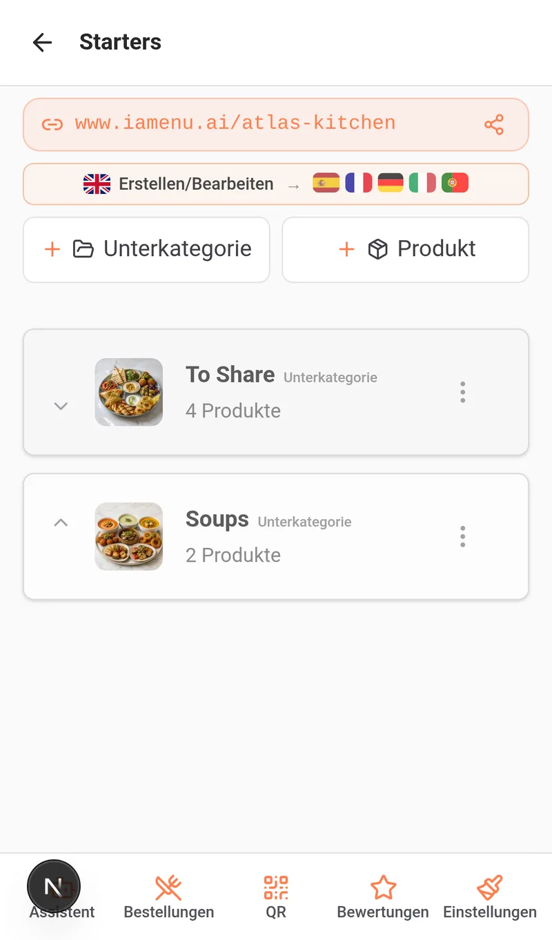 Neu erstellte Kategorie sichtbar im Desktop-Dashboard als erweiterbare Zeile mit Optionen zum Bearbeiten und Neuordnen