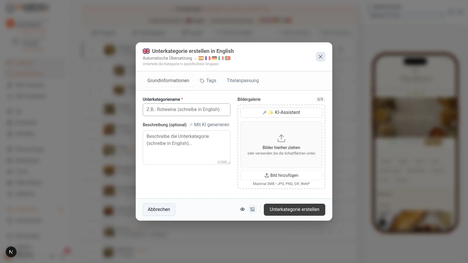 Erstellungsmodal für Unterkategorie mit Feldern für Name, Beschreibung und Bild auf dem Desktop