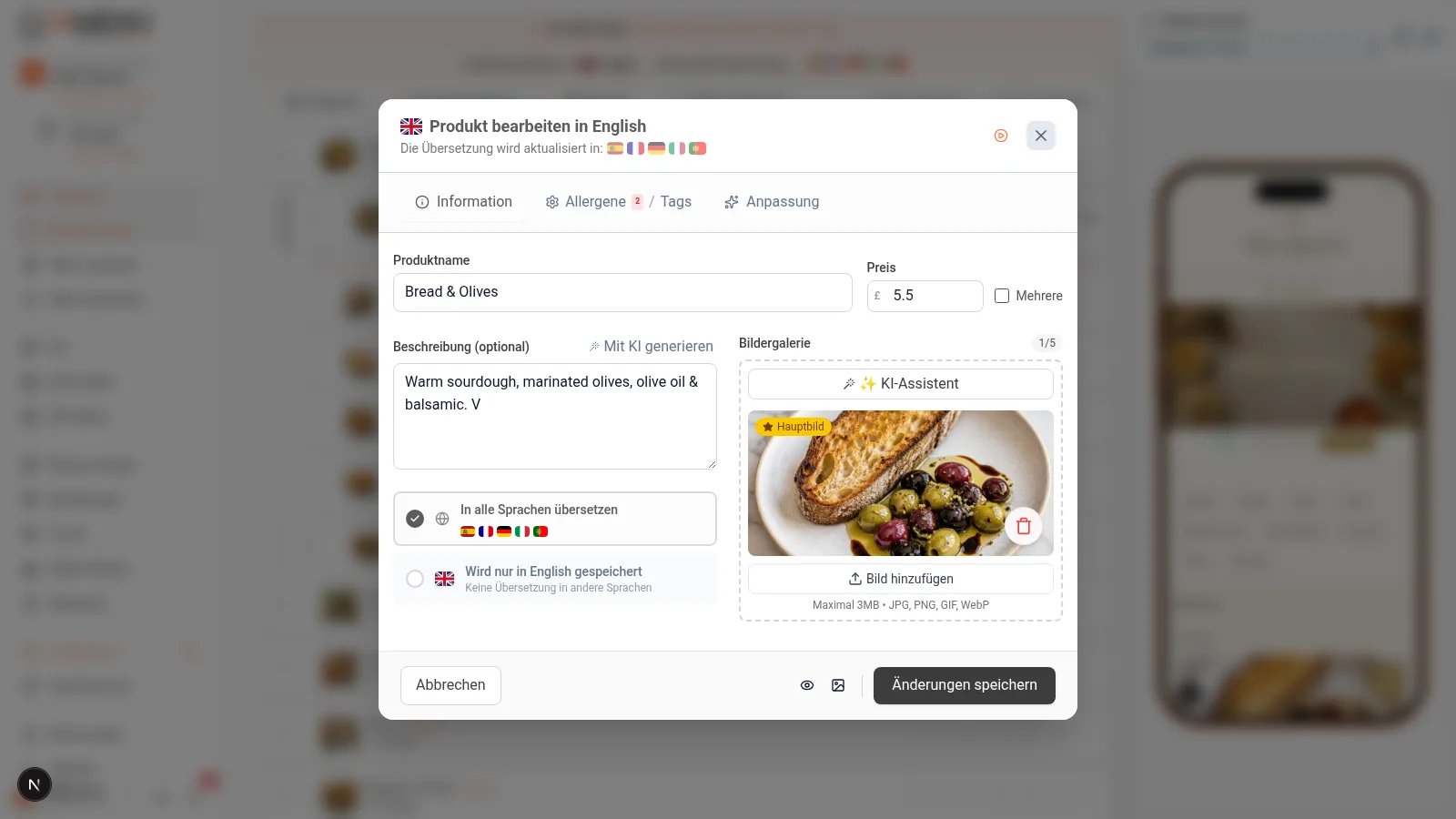Generierung eines professionellen Fotos eines Gerichts mit GPT Image in iaMenu, das das Ergebnis eines mit künstlicher Intelligenz generierten Essensbildes zeigt