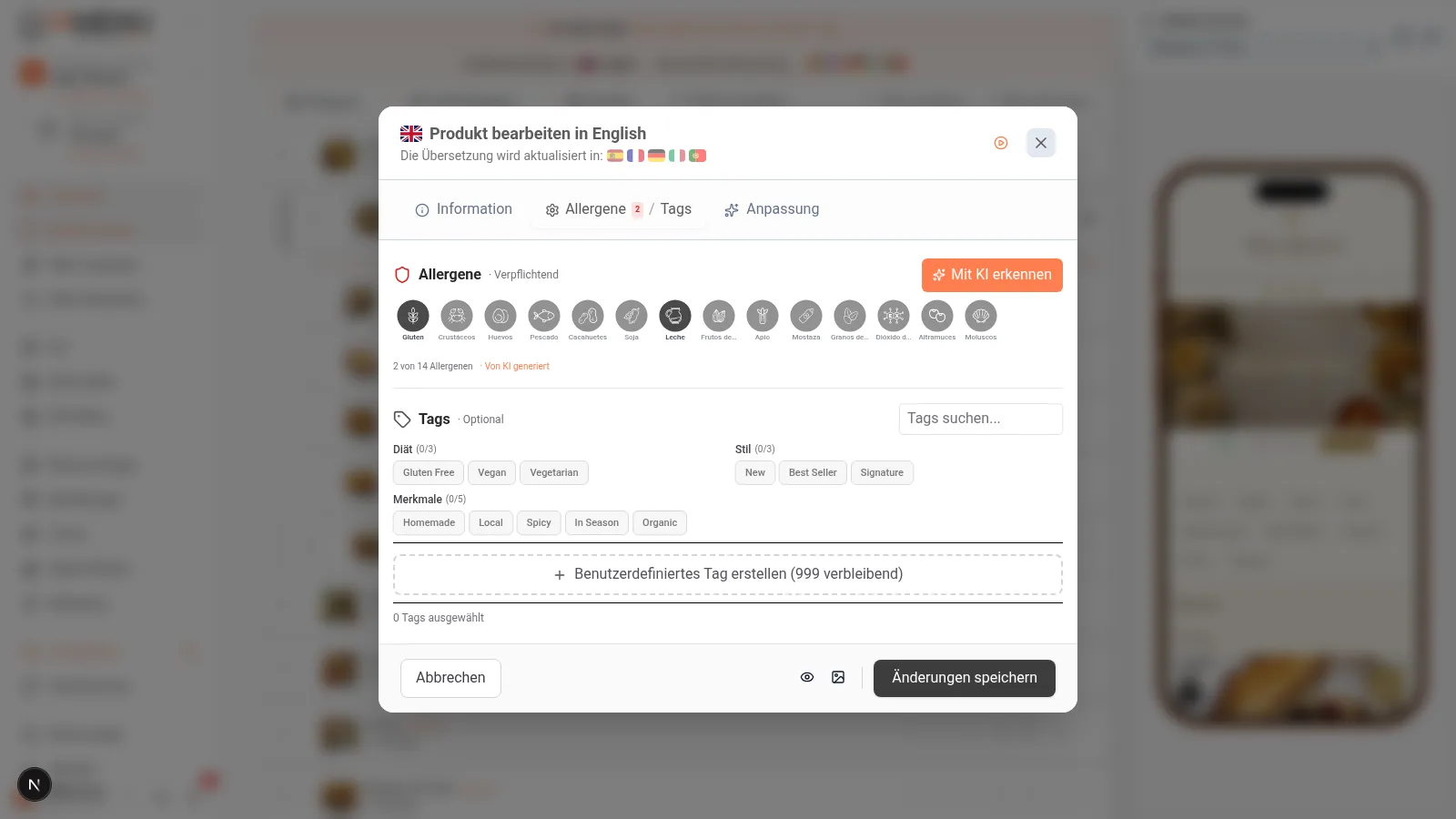 Automatische Erkennung von Allergenen durch Super Chef KI im Produktmodal, zeigt erkannte Symbole für Gluten, Eier und Milchprodukte