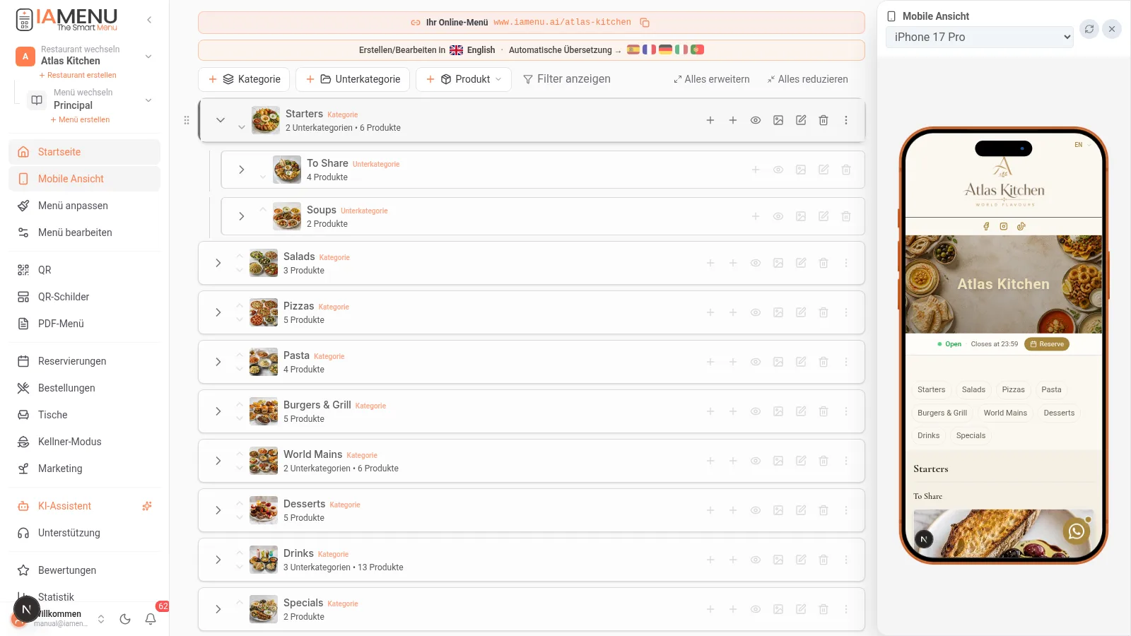 Kategorien und Produkte mit Drag and Drop im Desktop-Dashboard von iaMenu neu anordnen