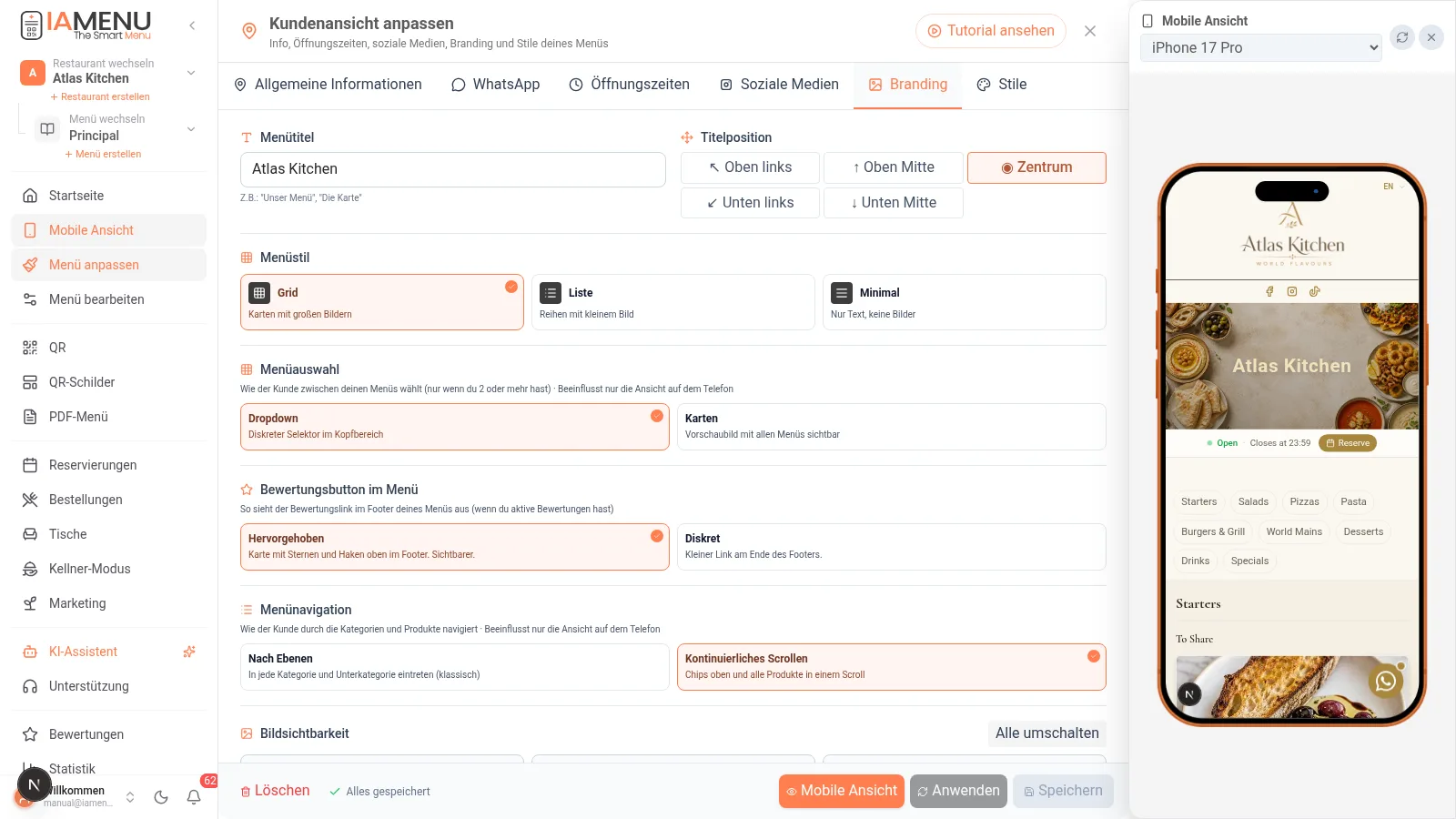 Branding-Konfiguration des Menüs: Logo, Header-Bild und Titel