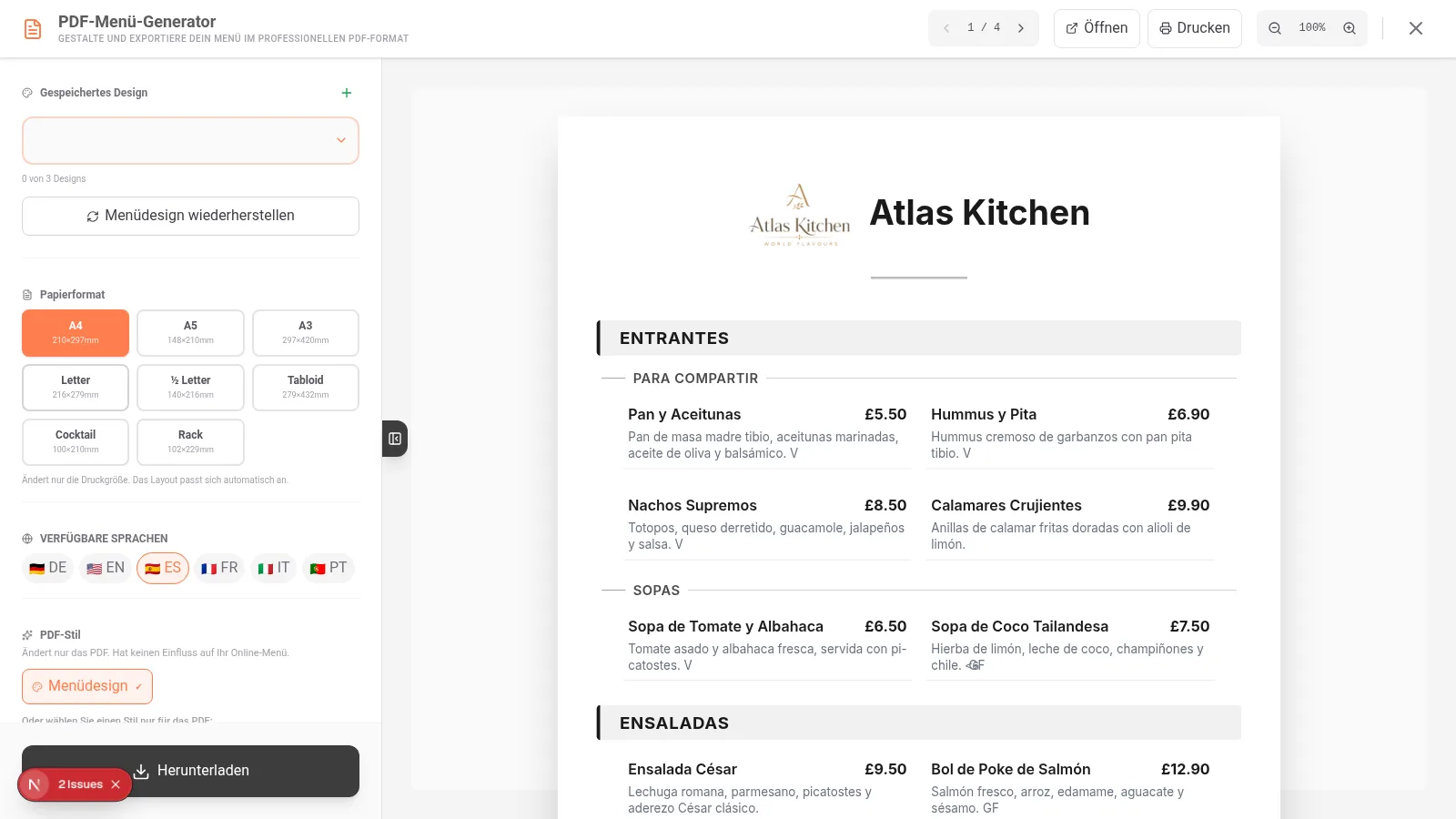 PDF Exportieren Button im linken Seitenmenü des iaMenu Dashboards auf Desktop