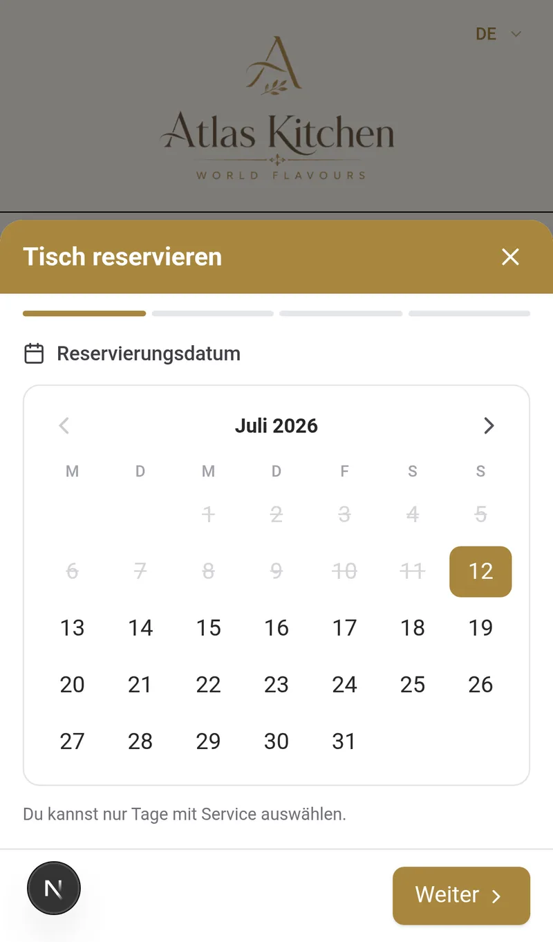 Reservierungsmodal des Kunden mit Kalender der verfügbaren Tage in der digitalen Speisekarte