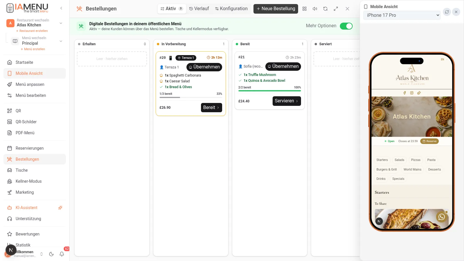 Bestellkanban von iaMenu mit Spalten für empfangen, vorbereiten, bereit und serviert