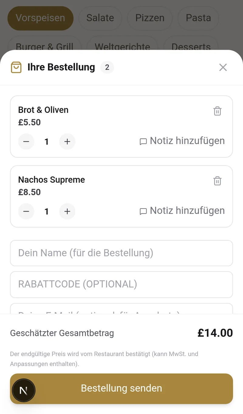 Warenkorb des Kunden mit Produkten, Notizen, Rabattcode und Button zum Bestellen