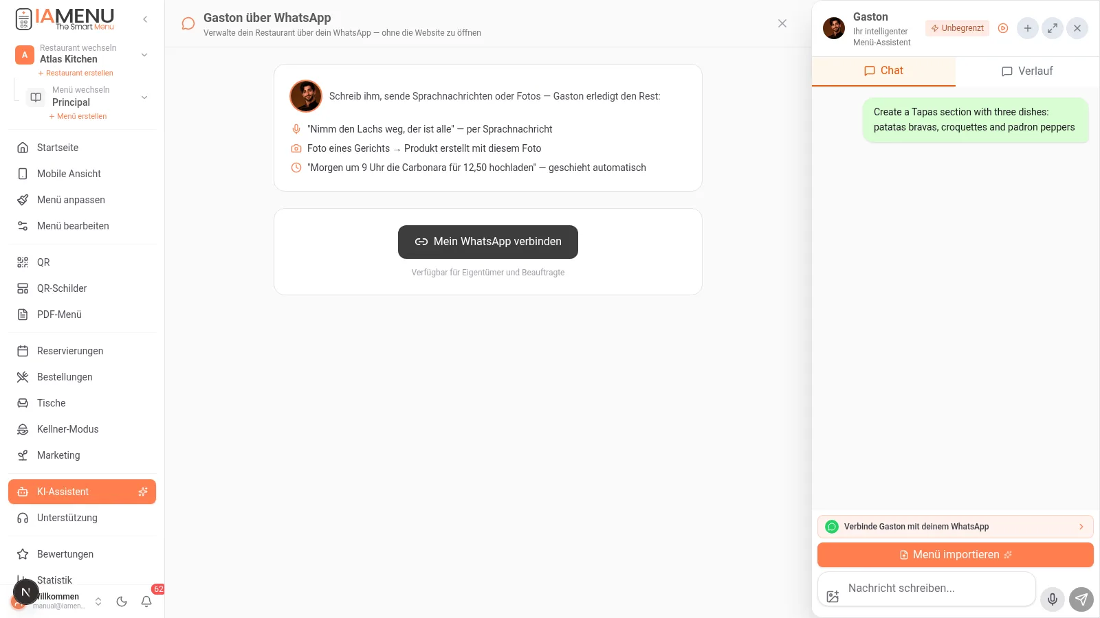 Gaston über WhatsApp Bildschirm von iaMenu mit der Schaltfläche Mein WhatsApp verbinden