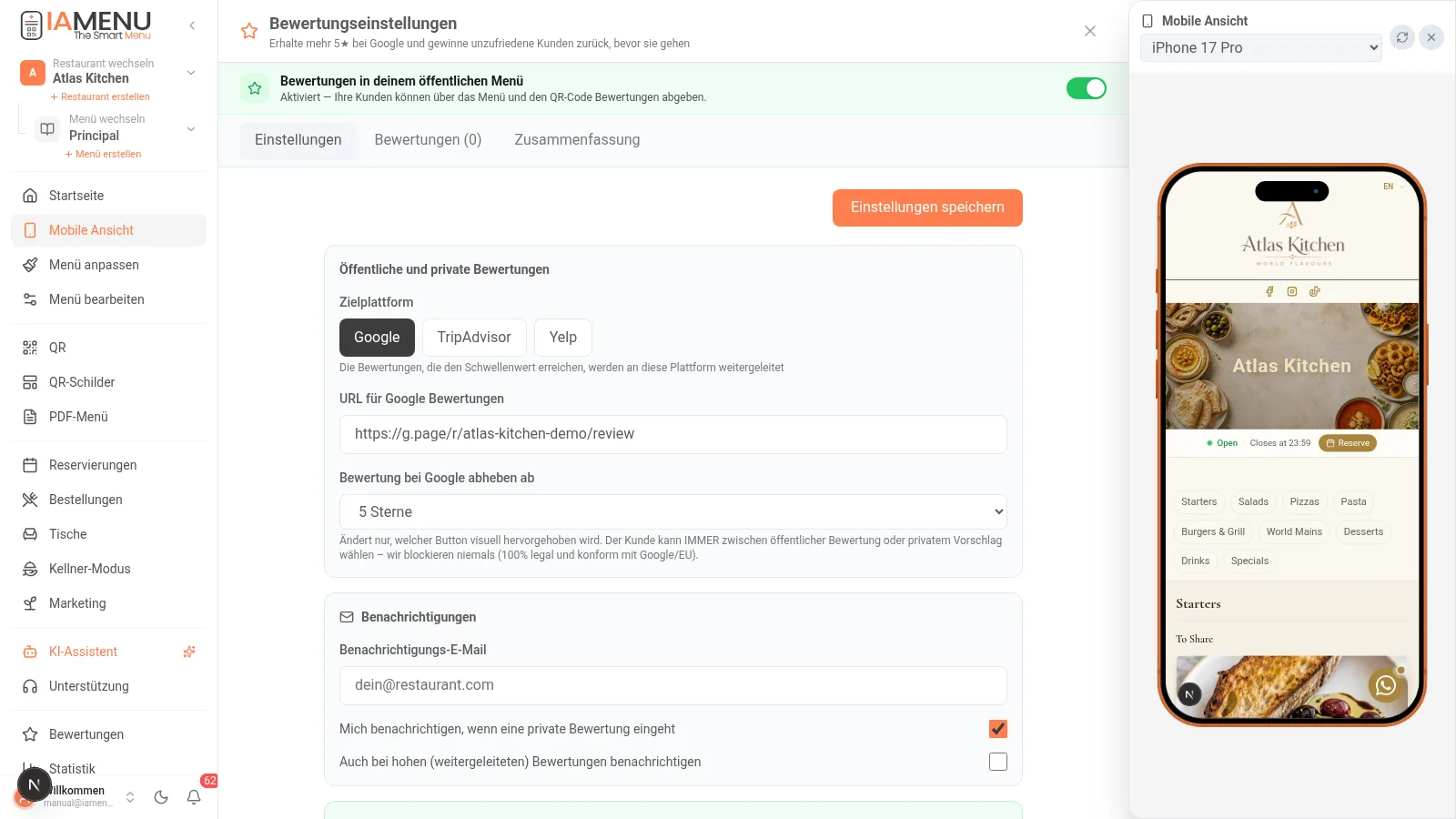 Bewertungseinstellungen von iaMenu mit Zielplattform und URL von Google Reviews