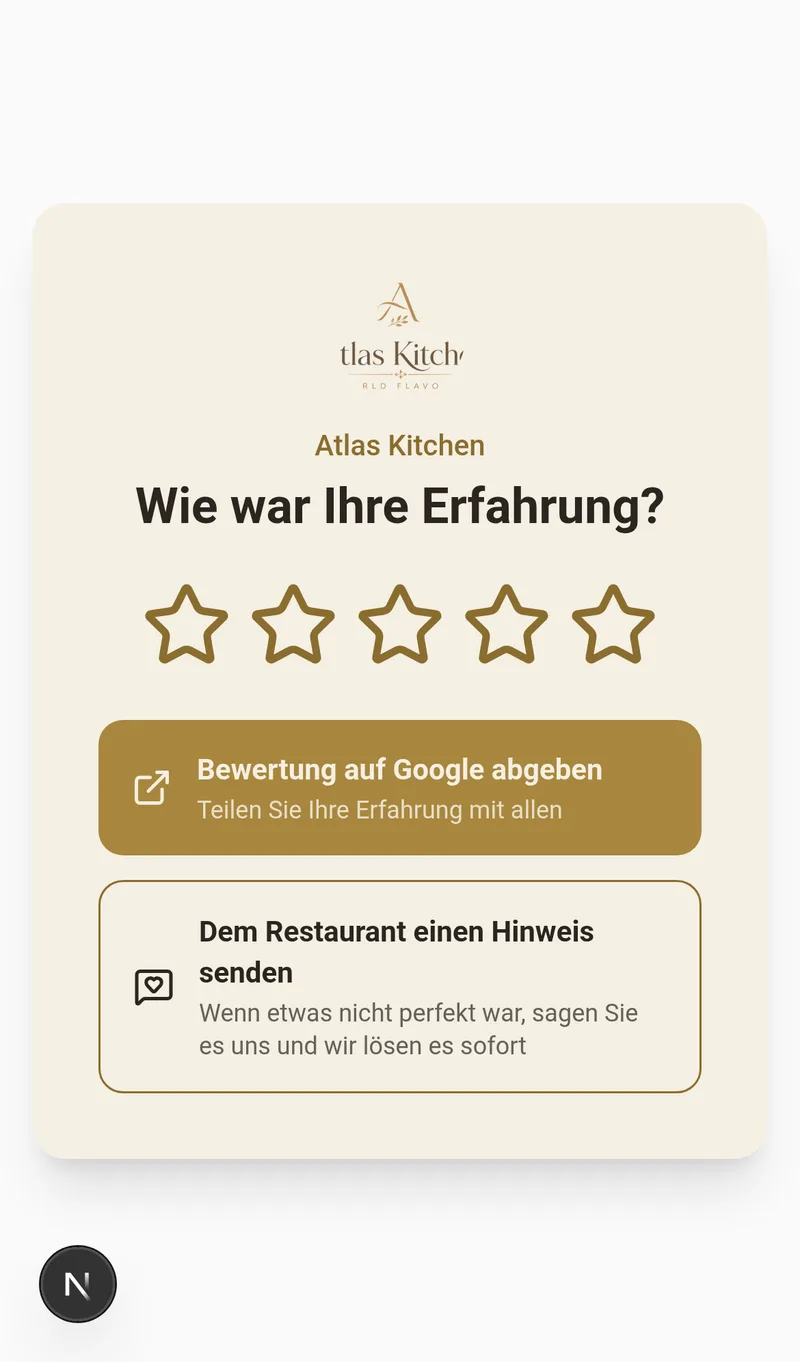Öffentliches Bewertungsformular mit Sternen, Button zur Abgabe einer Bewertung auf Google und Button für privates Feedback