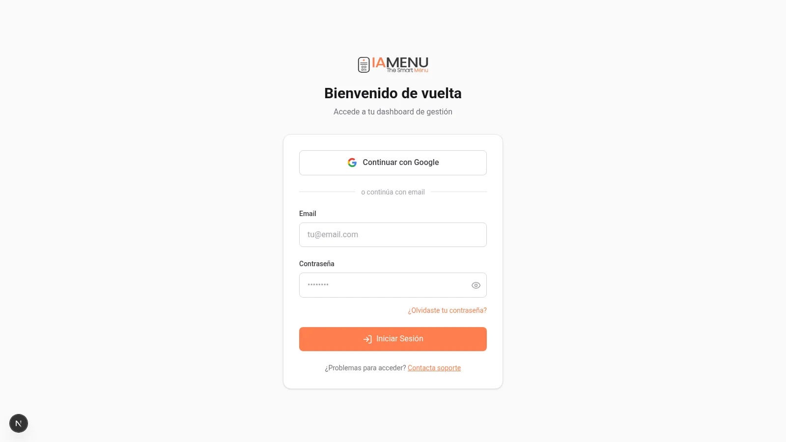 iaMenu login screen on desktop with Google button and email form