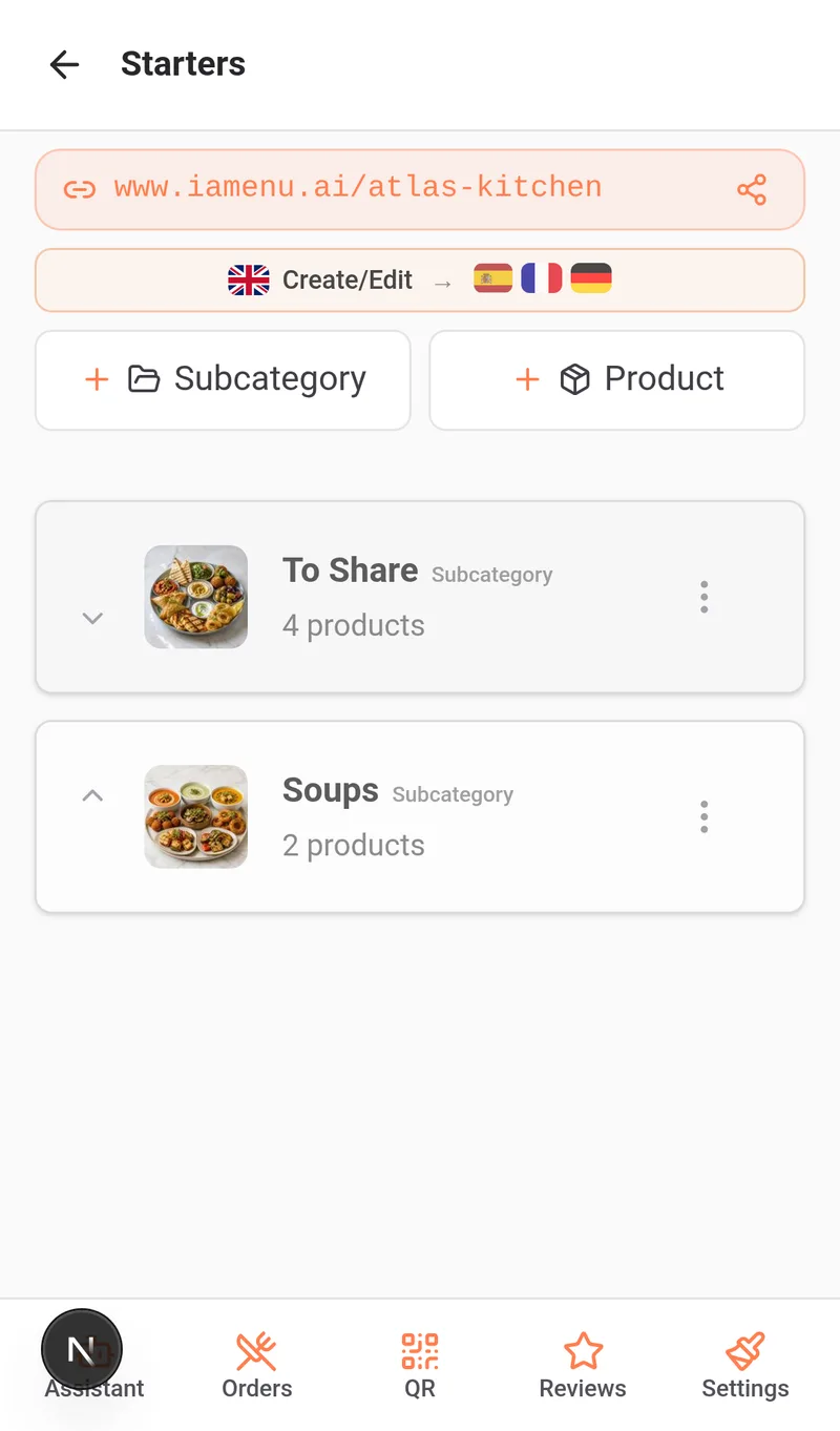 Recently created category visible in the desktop dashboard as an expandable row with edit and reorder options
