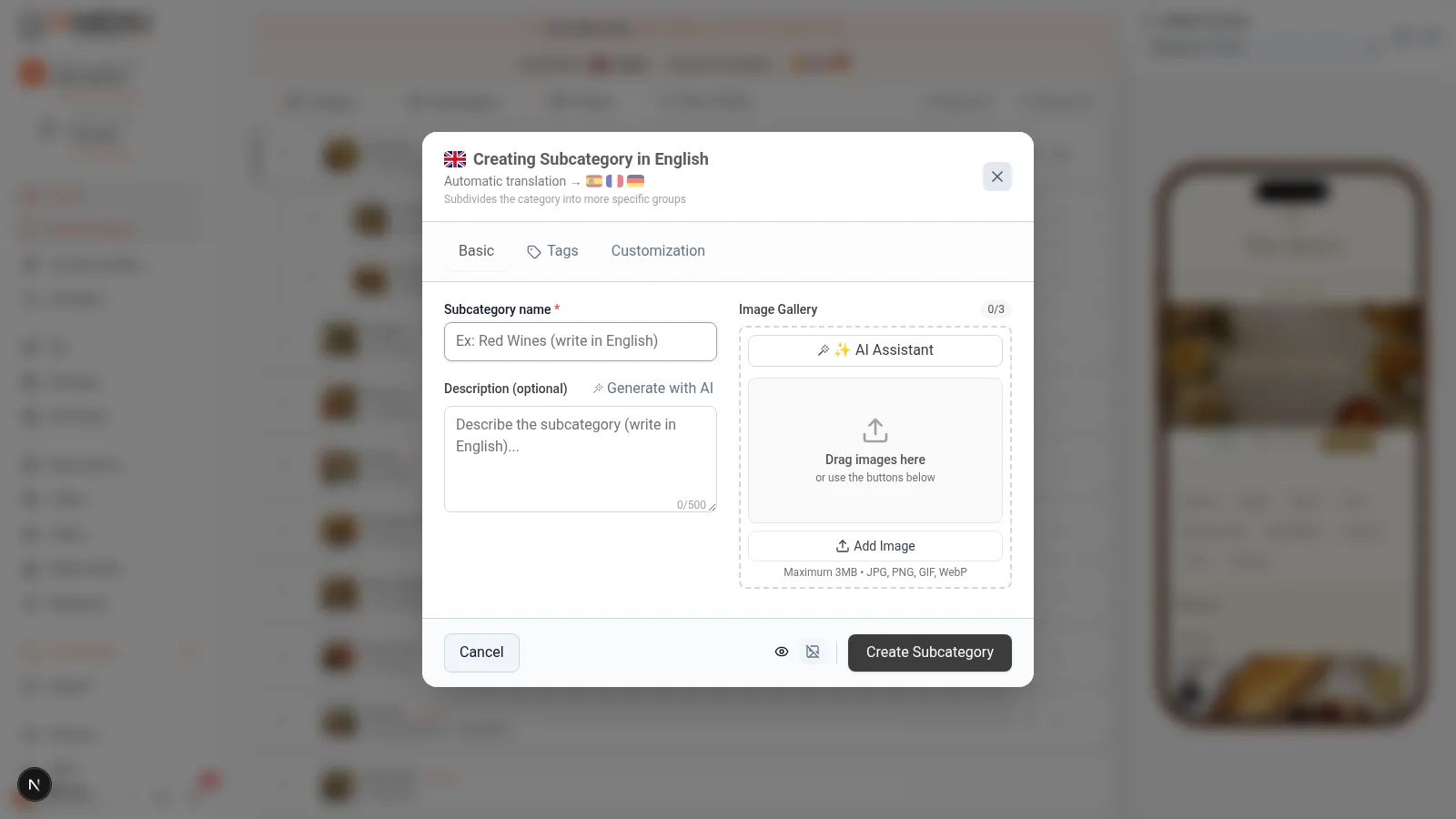 Subcategory creation modal with name, description, and image fields on desktop