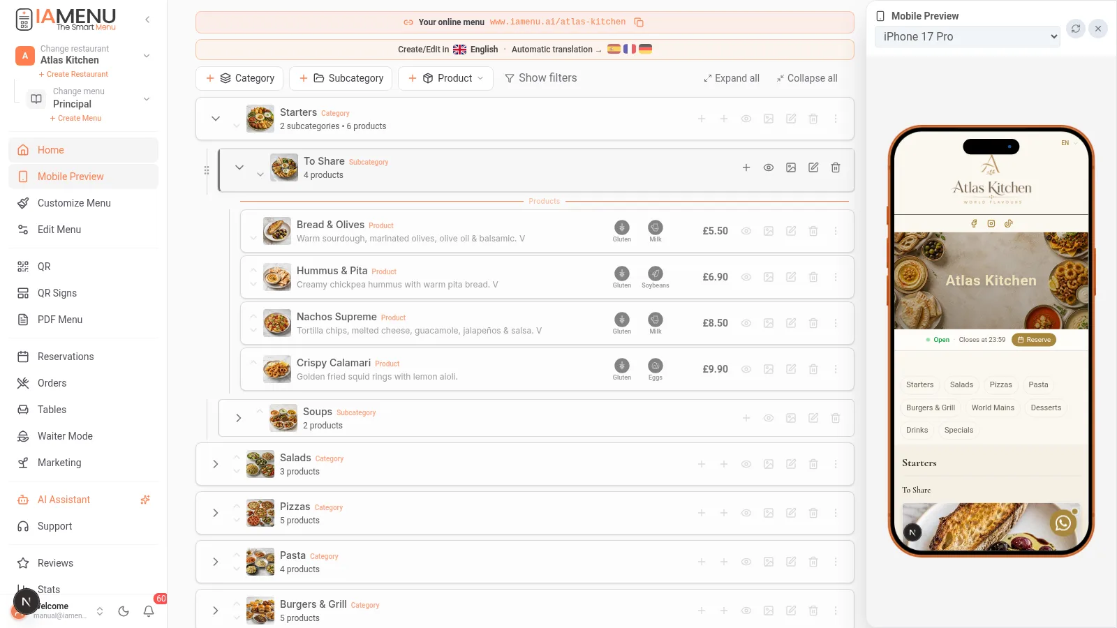 Newly created product visible in the iaMenu dashboard within its category with image, price, and detected allergens in the digital menu