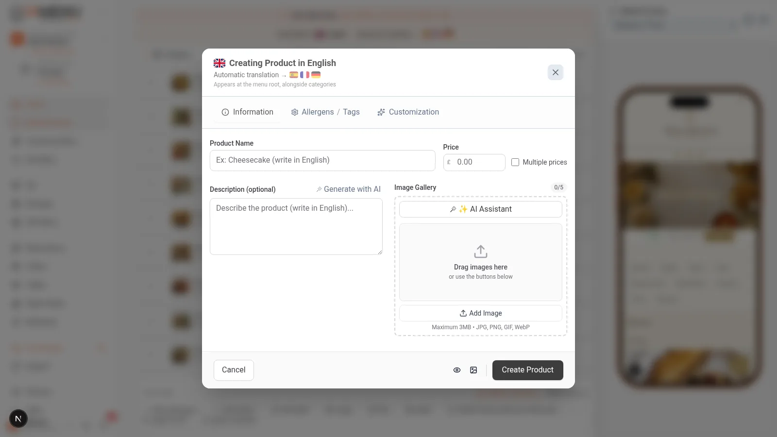 Product creation modal in iaMenu with fields for name, price, and description to create a dish in the restaurant's digital menu