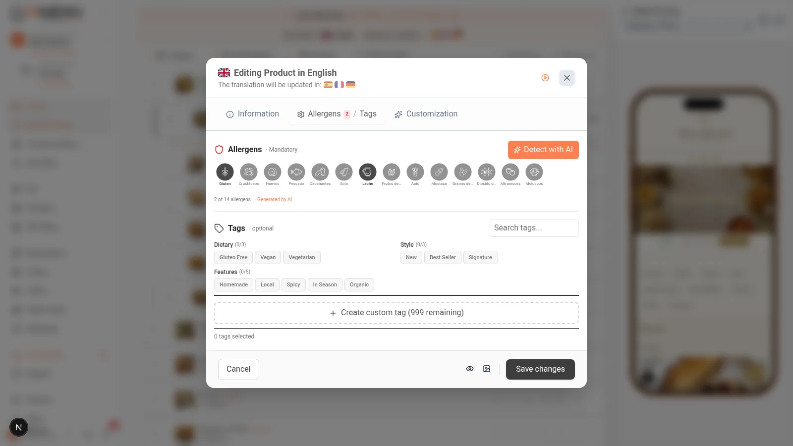 Automatic allergen detection by Super Chef AI in the product modal, showing detected icons for gluten, eggs, and dairy
