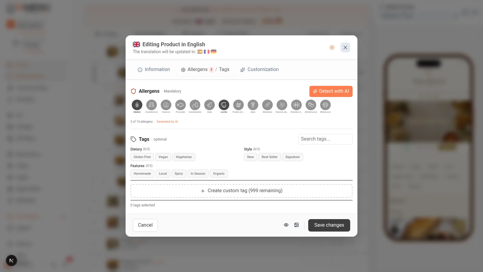 Marketing labels selector showing global tags like Vegan, Gluten-Free, Spicy, and custom restaurant labels