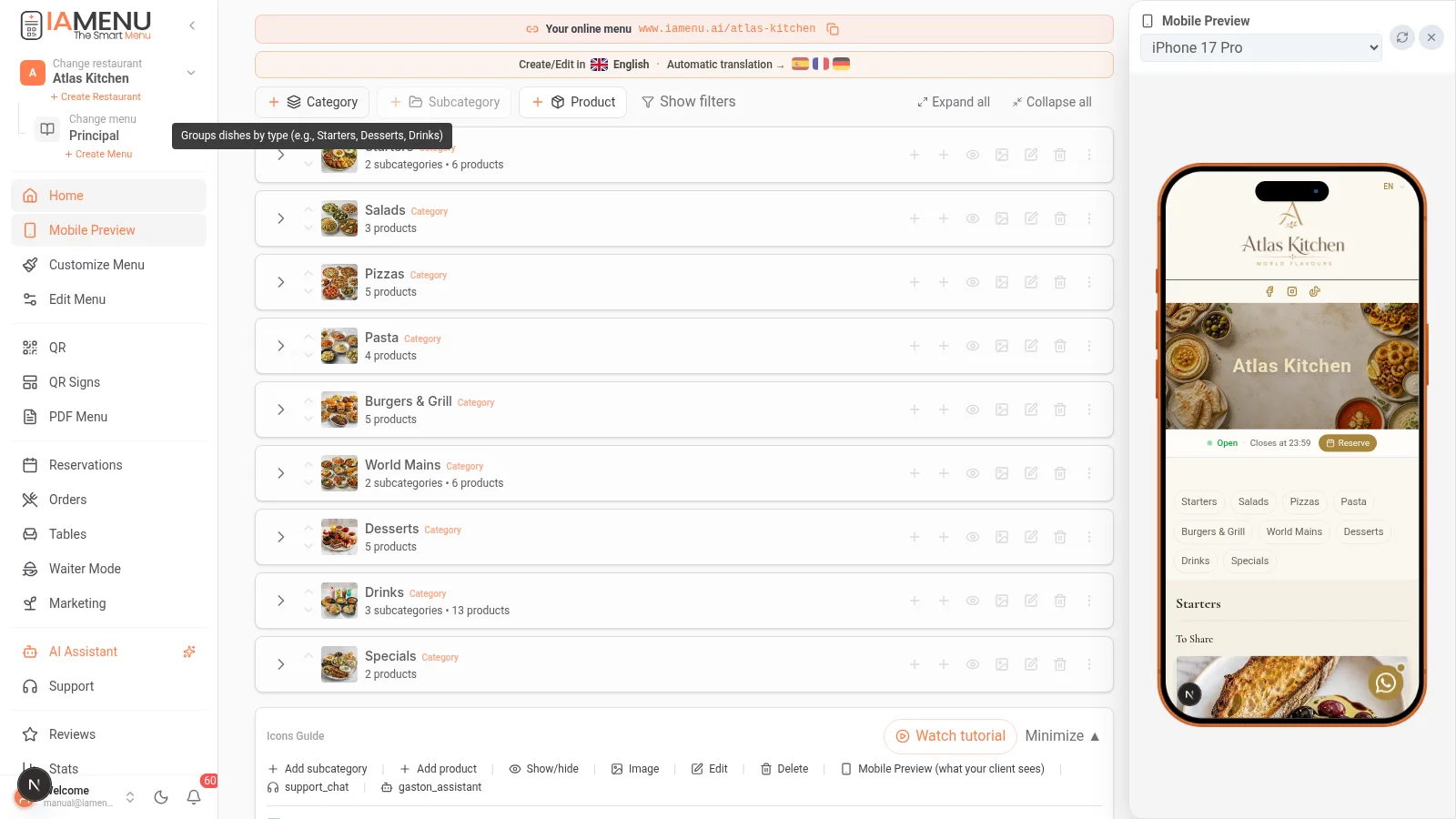 Reorder categories and products with drag and drop in the desktop dashboard of iaMenu