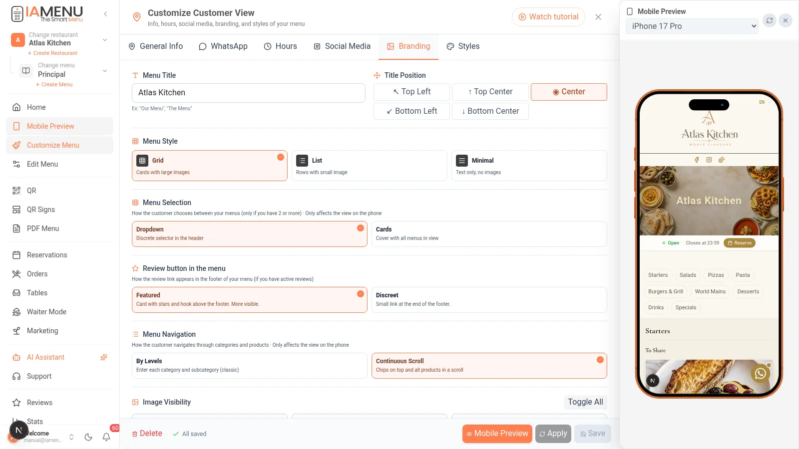 Branding configuration of the menu: logo, header image, and title