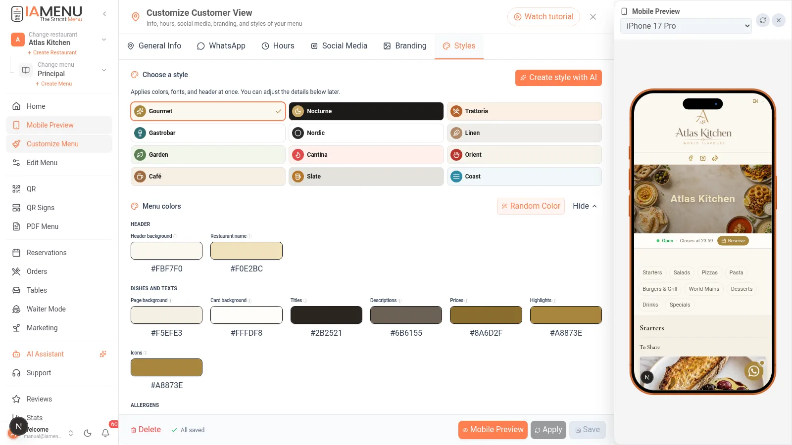 Selector of 12 styles of the menu from iaMenu with editable color palette