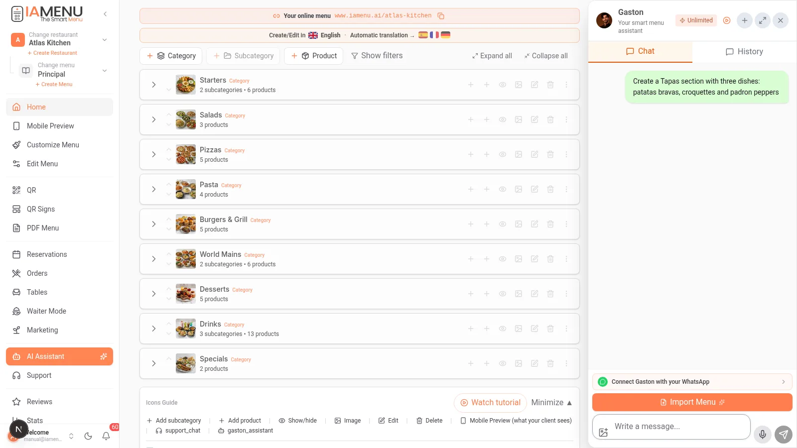 Floating button for Gaston in the bottom right corner of the iaMenu dashboard on desktop