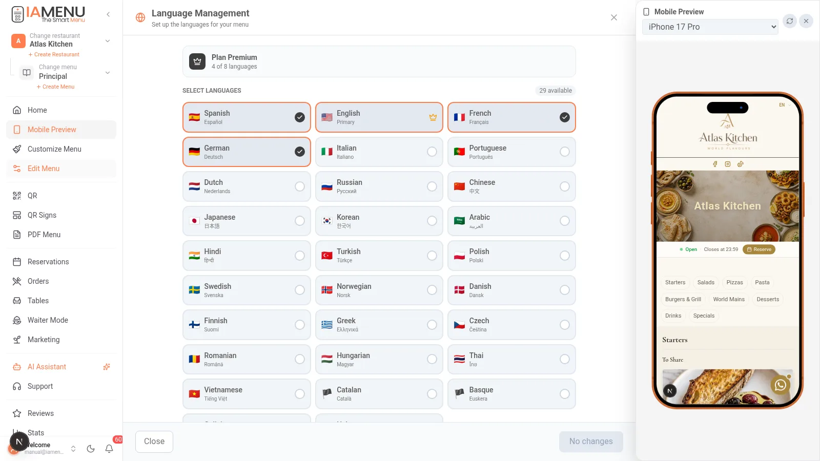 Language settings panel showing 29 available languages with switches to activate or deactivate each one
