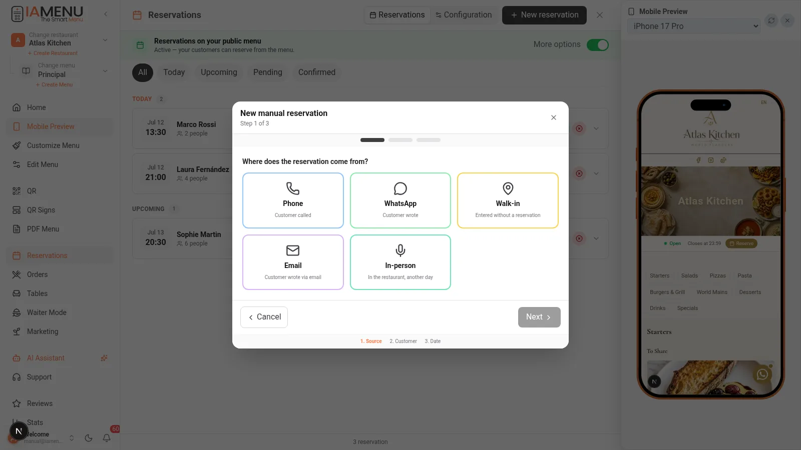 New manual reservation modal with source selector: phone, WhatsApp, walk-in, email or in-person