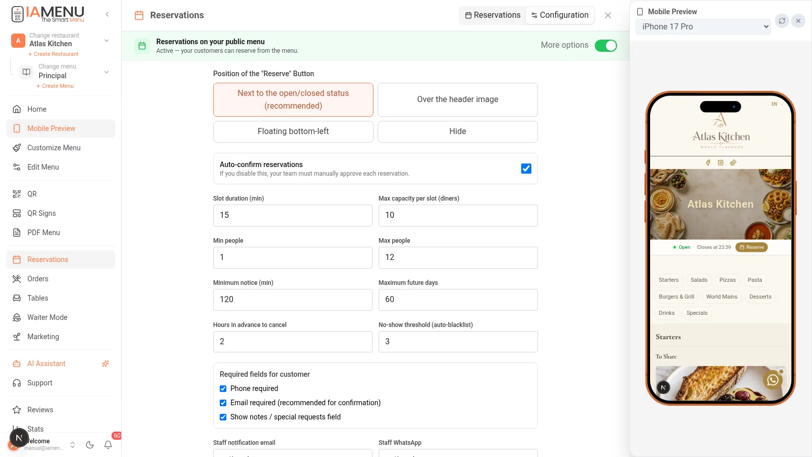 Configuration of the reservation policy: minimum advance notice, maximum days, group size