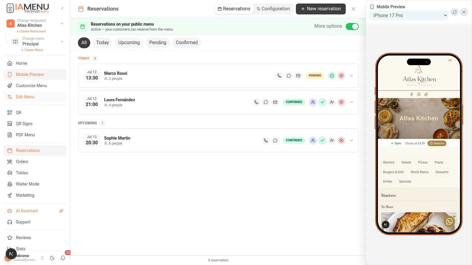iaMenu reservation panel with today's and upcoming reservations, filters, and new reservation button