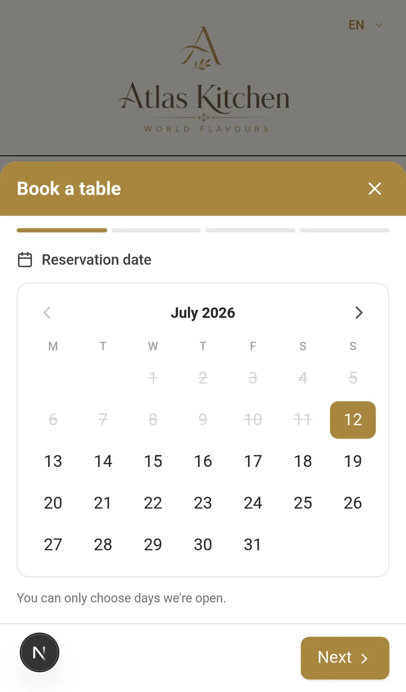Customer reservation modal with calendar of available days on the digital menu