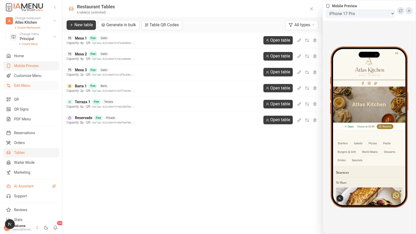 Restaurant table view in iaMenu with table types and real-time status