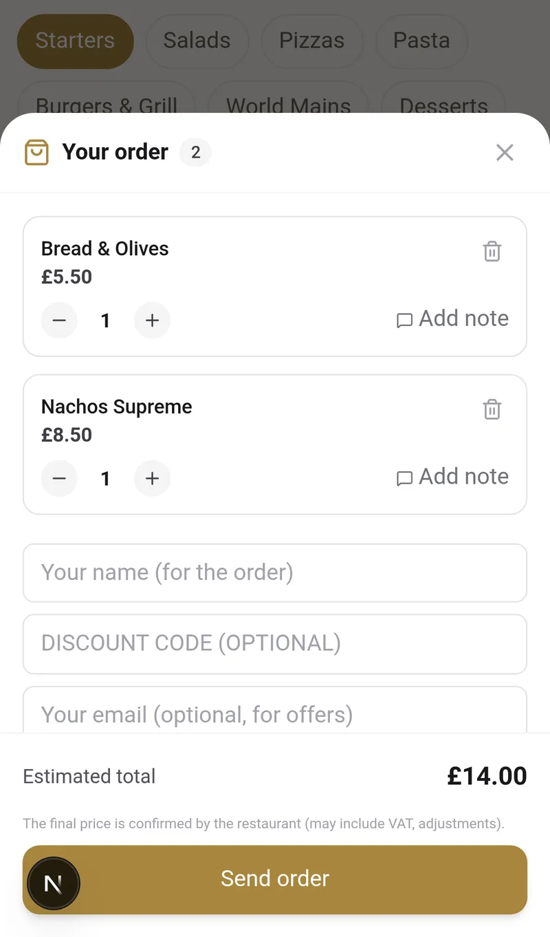 Customer's cart with products, notes, discount code, and send order button