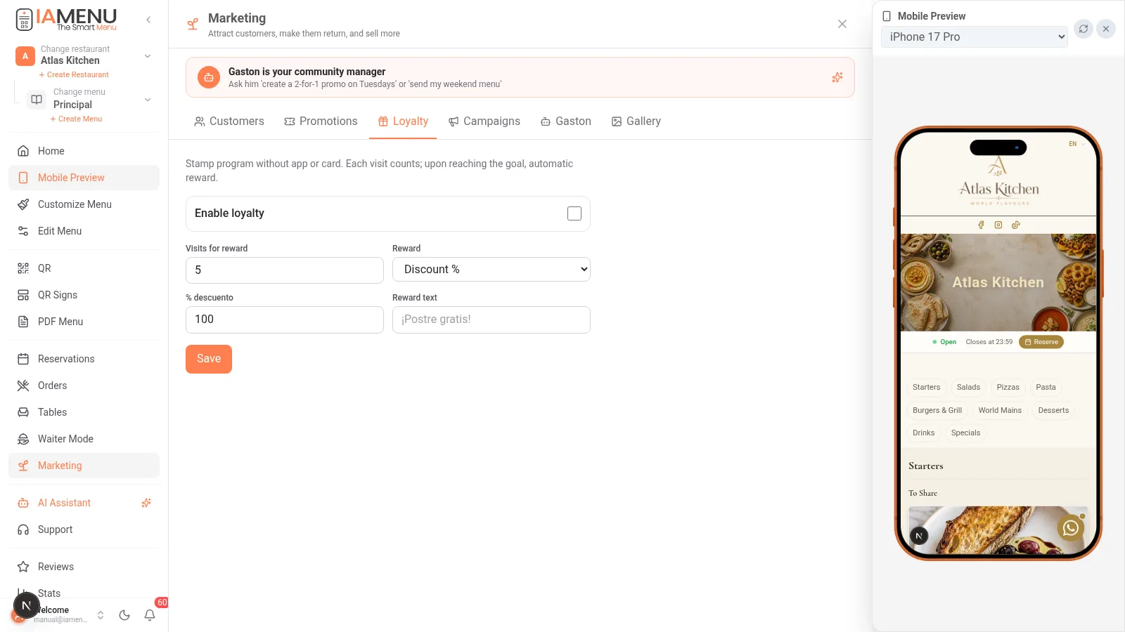 Setting up the loyalty program with digital stamps in iaMenu