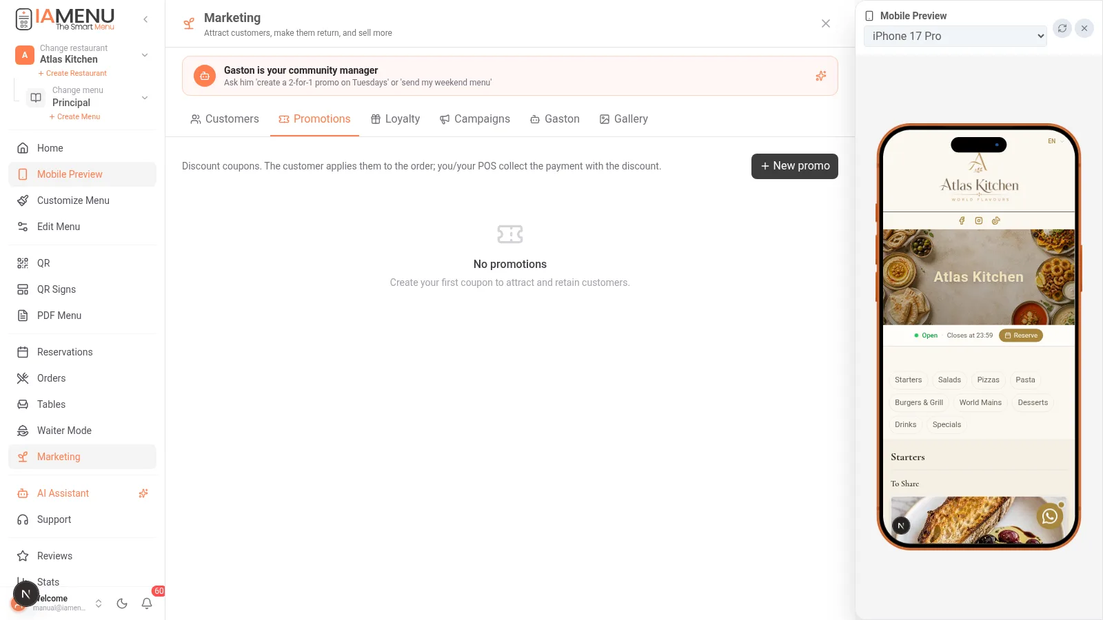 iaMenu promotions tab to create discount coupons