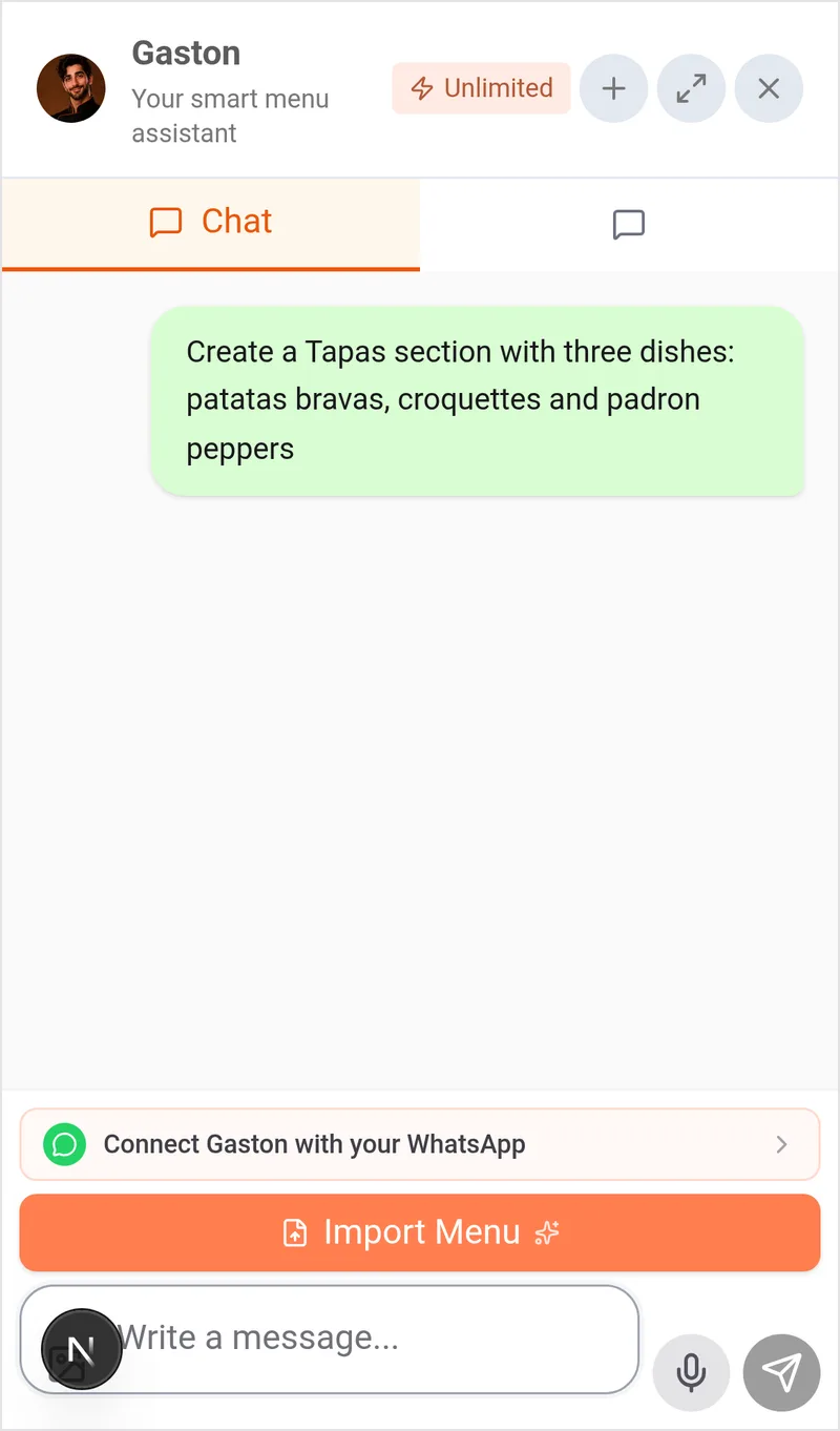 Gaston chat on mobile with the banner to connect WhatsApp