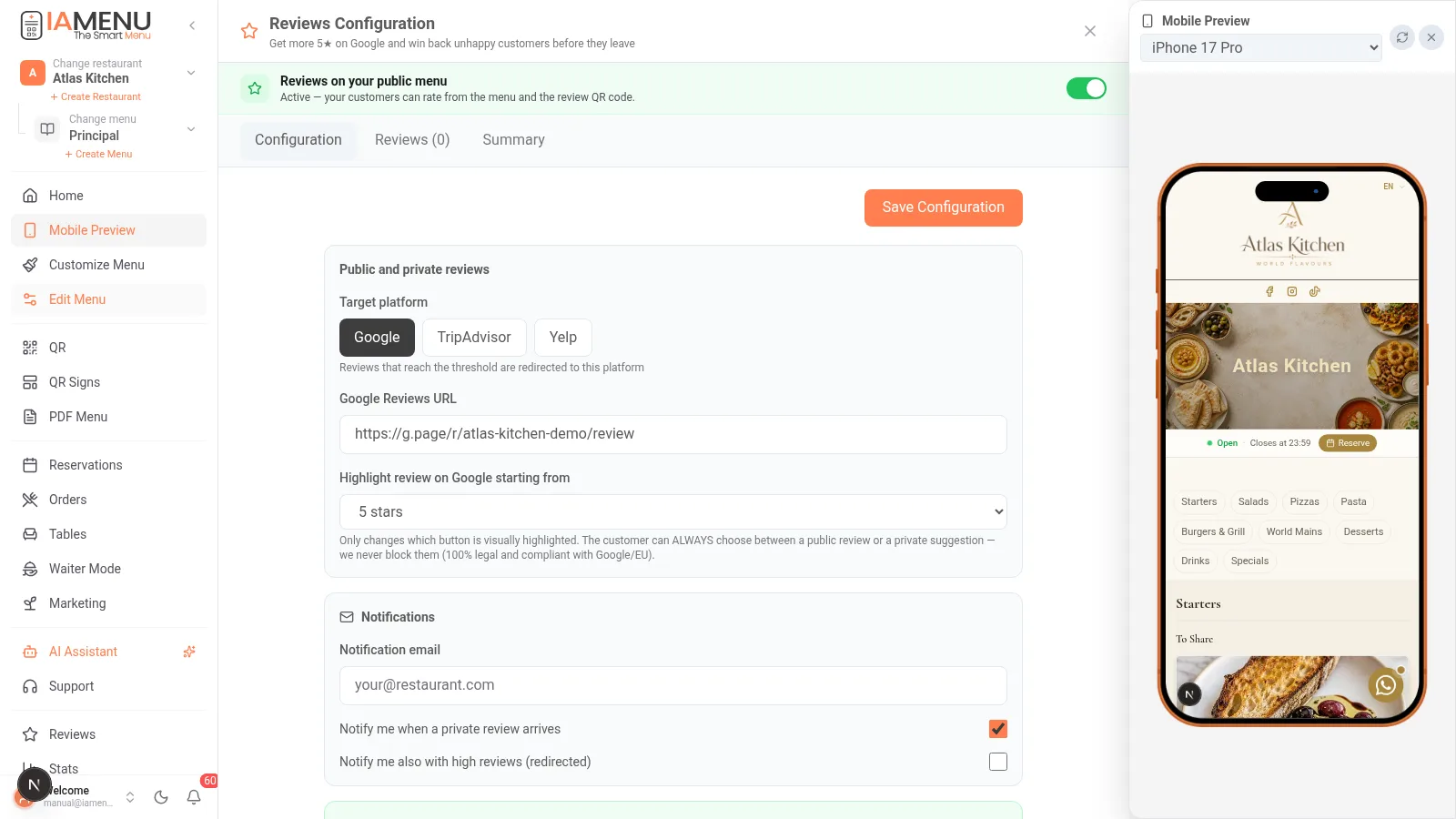 iaMenu review settings with destination platform and Google Reviews URL