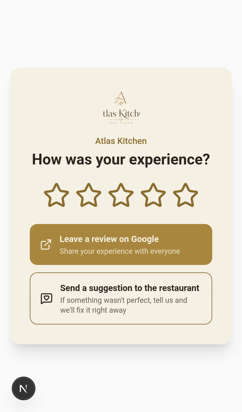 Public review form with stars, button to leave a review on Google, and button for private suggestion