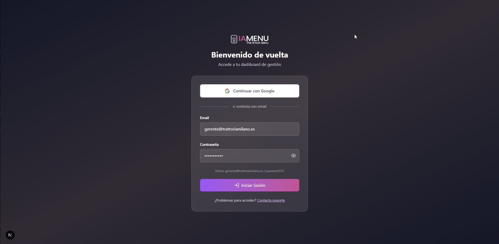 Formulaire de connexion avec email et mot de passe dans iaMenu bureau