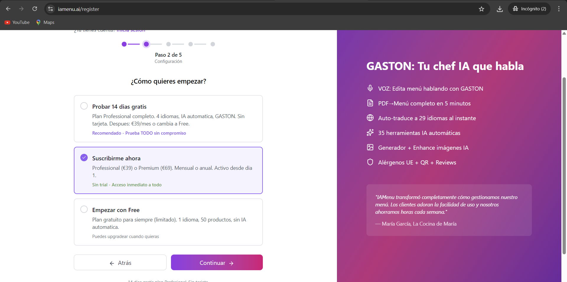 Seletor de planos do iaMenu mostrando Starter gratuito, Professional a 39 euros por mes e Premium a 69 euros por mes