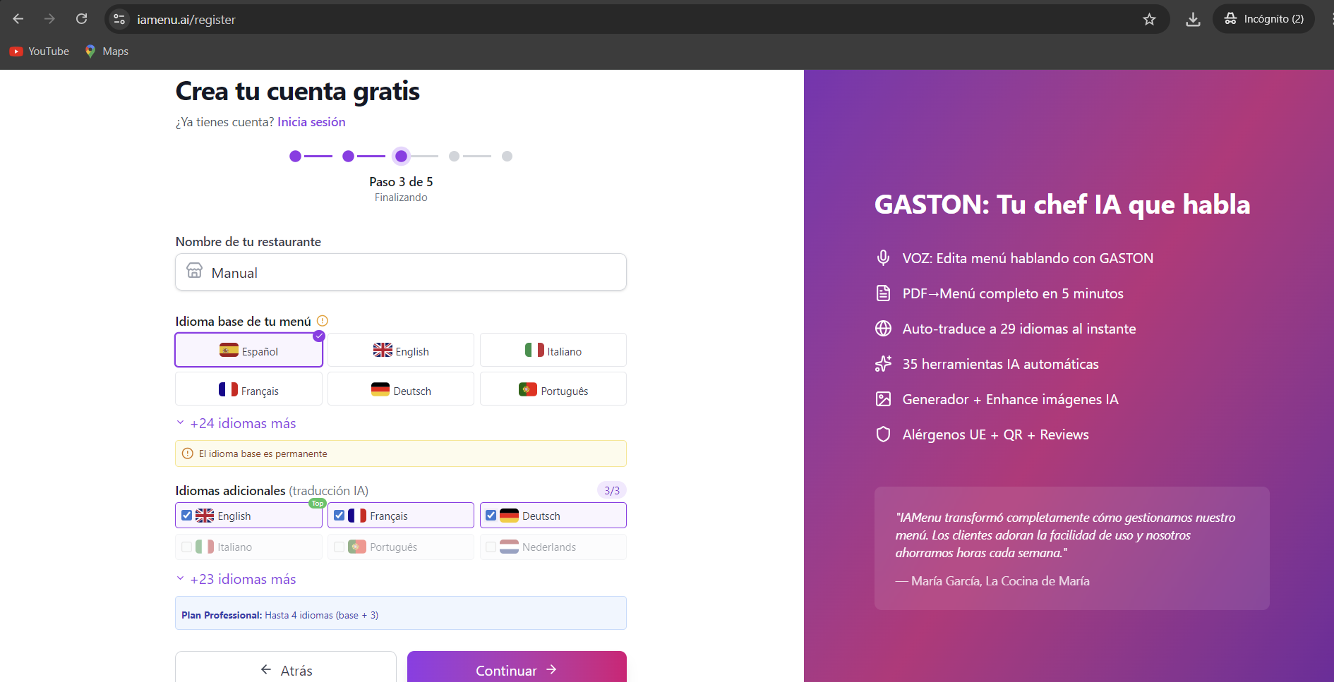 Configuracao do restaurante no iaMenu com campo de nome, seletor de idioma principal com bandeiras e seletor de idiomas adicionais