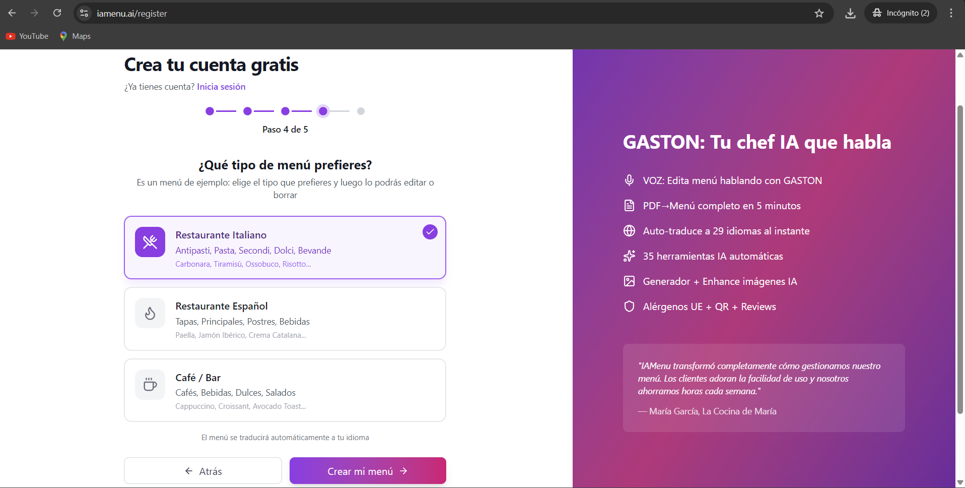 Seletor de tipo de menu de exemplo no iaMenu mostrando tres opcoes: Italiano, Espanhol e Cafe-Bar com pre-visualizacao de cada modelo