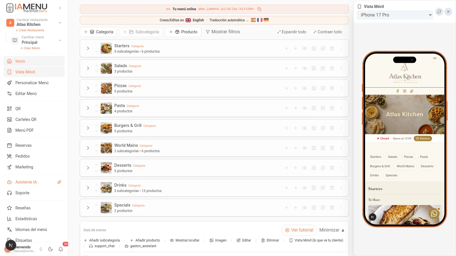 Dashboard de iaMenu en escritorio mostrando el acordeón flat con categorías, subcategorías y productos organizados por niveles de profundidad
