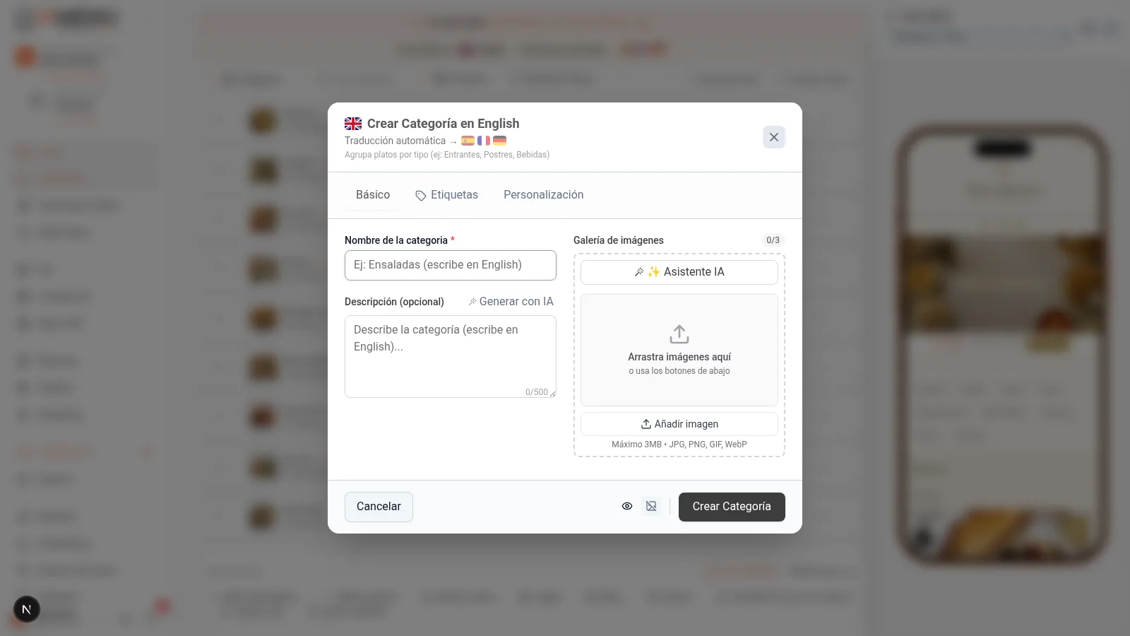 Modal de creacion de categoria en escritorio con campos para nombre, descripcion y seccion de imagen