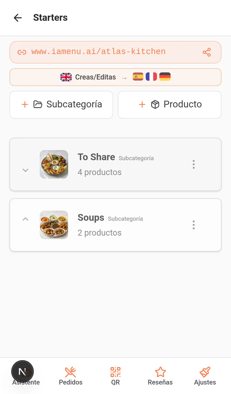 Categoria recien creada visible en el dashboard de escritorio como fila expandible con opciones de editar y reordenar