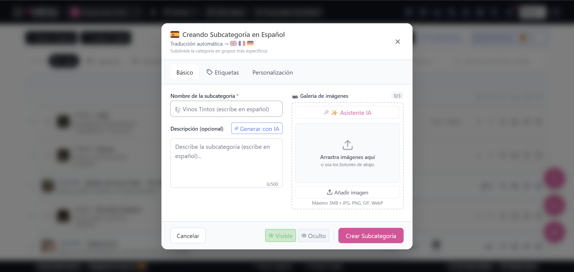 Modal de création de sous-catégorie avec champs nom, description et image sur bureau