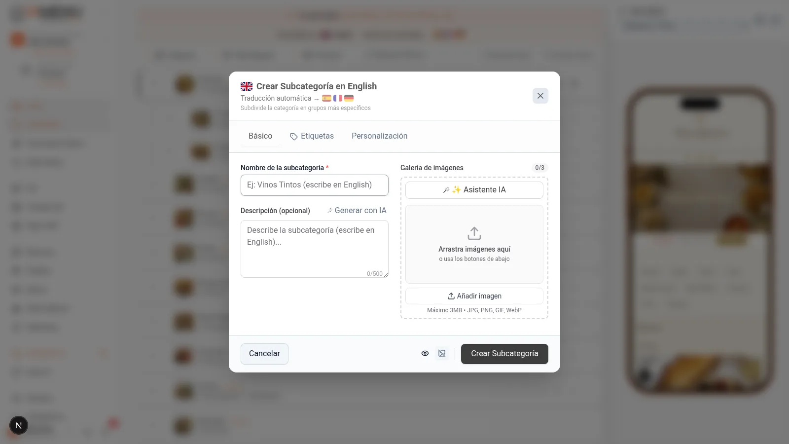 Modal de creacion de subcategoria con campos nombre, descripcion e imagen en escritorio